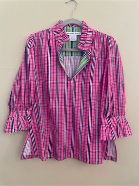 Gretchen Scott Ruffneck Tunic Sunshine Plaid Pink Ruffle Neck Blouse Resort Sz S